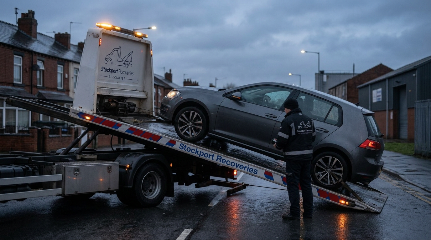 Stockport Recoveries driver loading a dark grey Volkswagen Golf onto a flatbed recovery truck